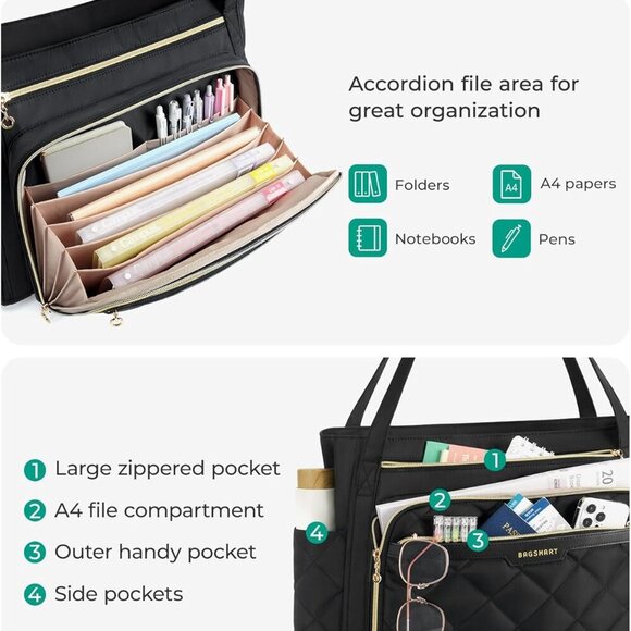 Teacher Tote Bag for Women 15.6in Quilted with Insulated Pocket & Nurse Bag Feat - Picture 3 of 7